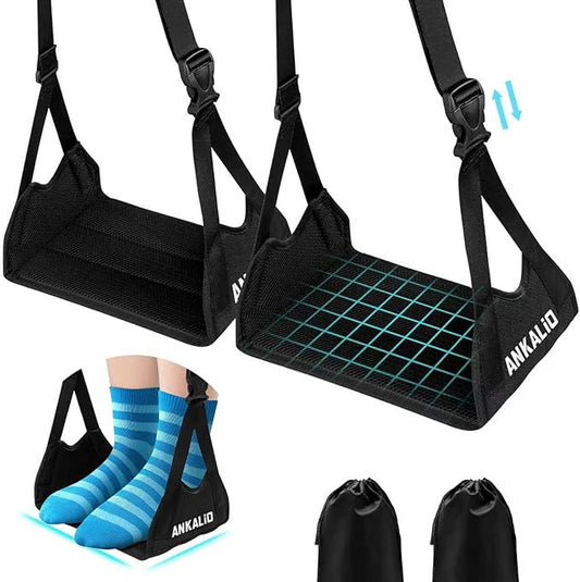 2 Pcs Airplane Foot Hammock–Adjustable Foot Hammock for Plane Travel with Thick Bamboo Base, Lightweight Travel Footrest for Office, Flights(Black)