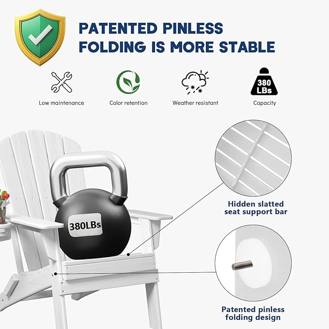 Plawdlik Folding Adirondack Chair, SGS Tested, Wooden Textured with Cup Holder, Heavy All-Weather HDPE Comfortable Set Poolside Backyard Lawn White