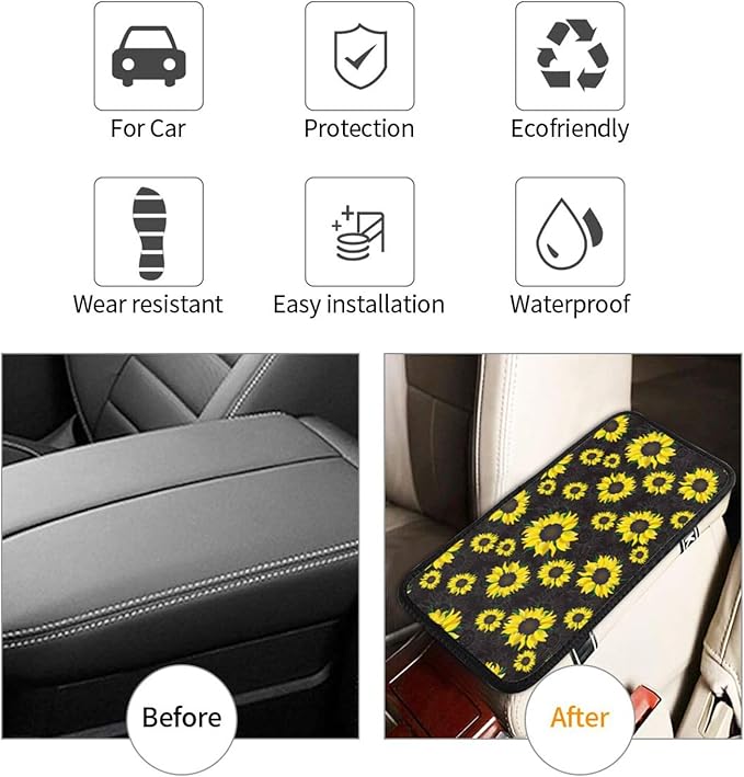 DORKEIXIA Sunflower Flower Floral Black Auto Center Console Armrest Pad Universal Car Center Console Cover Seat Box Cover for Sedan, Van, SUV, Truck Car Accessorie