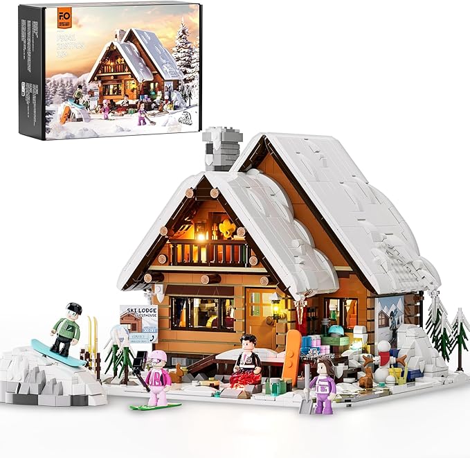 FUNWHOLE Christmas Ski-Cabin Lighting Building-Bricks-Set - Retro Christmas Winter Snow House Collection LED Light Building Construction Holiday Model Set 2187 Pcs for Adults and Teen