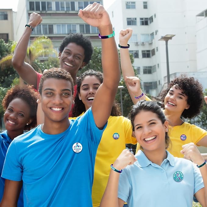 60 Pcs Suicide Prevention Awareness Accessories Bulk Include 30 World Suicide Prevention Day Hope Faith Bracelets and 30 Teal Purple Ribbon Semicolon Round Badges for Suicide Awareness and Prevention