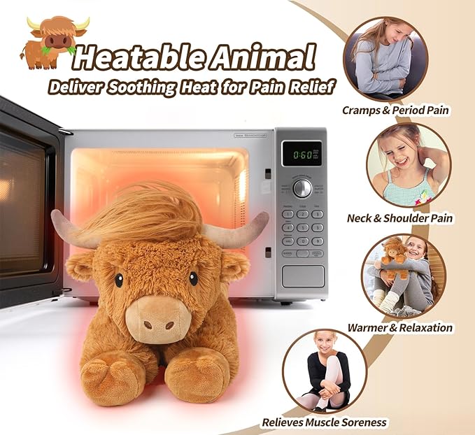 Cuckool Highland Cow Stuffed Animals, Microwavable Stuffed Animal Adorable Fluffy Highland Cow Plush for Warmth, Heatable Coolable Lavender Scent Toy, Cute Soft Plushie Gift for Kids Boy Girl & Adults