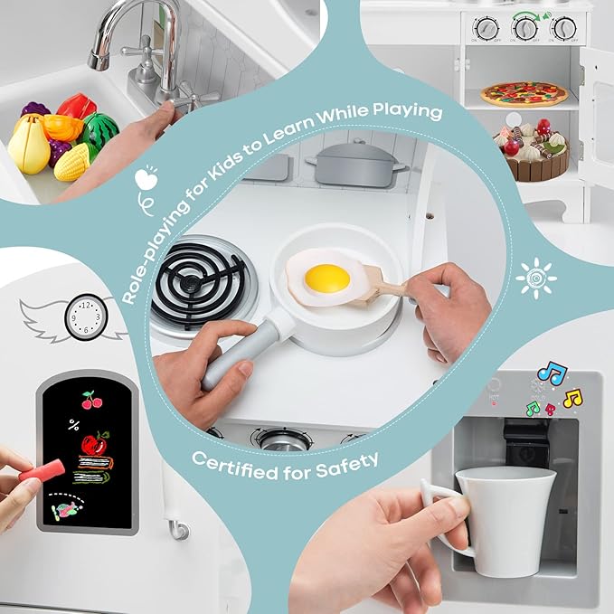 Fireflowery Kids Kitchen Playset, Toddler Kitchen w/Simulated Sound, Accessory Utensils, Blackboard, Sink, Stovetop, Cabinets, Pretend Play Kitchen, Gift for Ages 3+ (Classic)