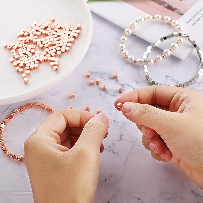 3000 Pieces Assorted Spacer Beads Include 1500 Faceted Rondelle Cube Column, 900 Round Ball, 600 Square Charm Loose Spacer Bead for DIY Jewelry (Gold, Sliver, Rose Gold)