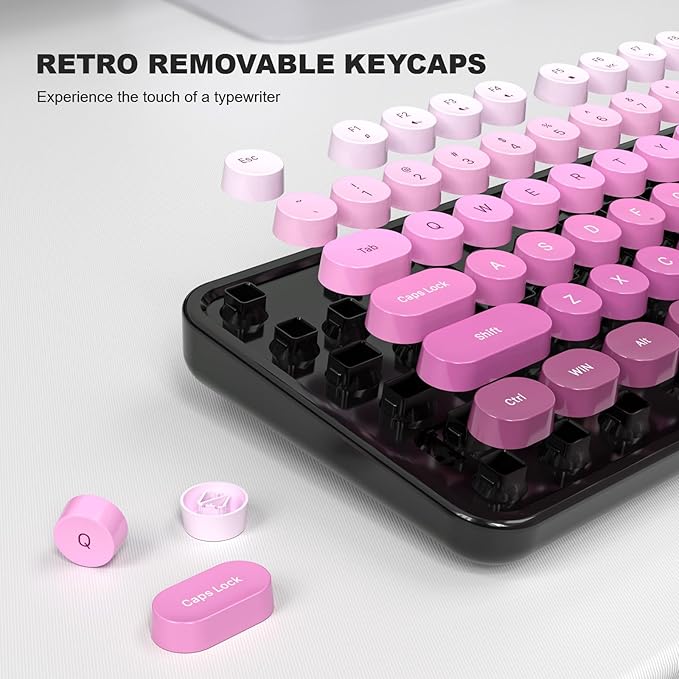 Computer Keyboard Wired, Plug and Play USB Retro Round Typewriter Keyboard, Full Size Wired Keyboard with Foldable Stands for Laptop and Office PC- Black Pink Gradient