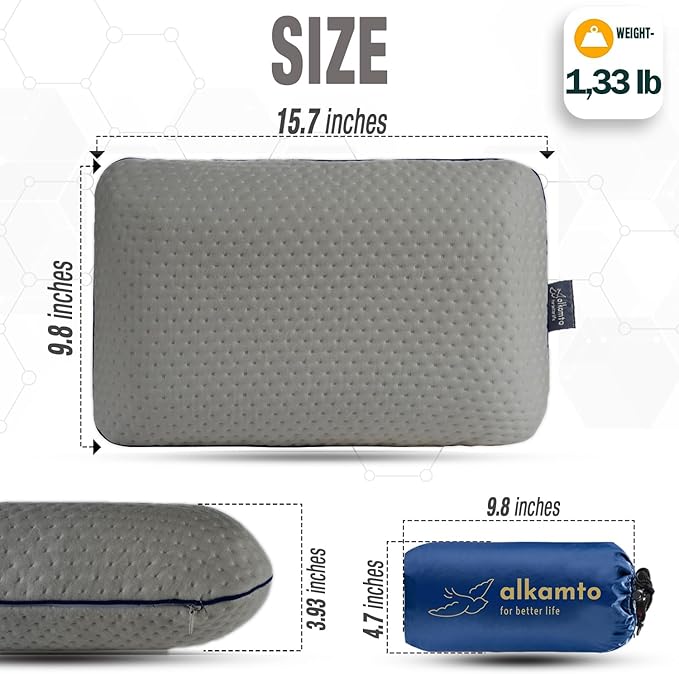 alkamto Travel & Camping Comfortable Memory Foam Pillow – Easy to Carry Portable Bag – Temperature Regulating Pillow Case (Grey)