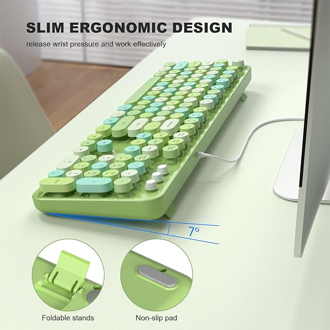 MOFII Wired Keyboard - Full Size USB Plug & Play, Retro Round Typewriter Keyboard with Foldable Stands for Windows PC Laptop (Green Colorful)