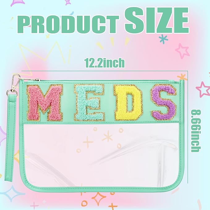 BuyCard Chenille Letter Clear Medicine Bags, Makeup Meds Bags, Preppy Patch Cosmetic Bag with Zipper and Wristlet, Waterproof PU&PVC Toiletry Medicine Storage Case, Portable Travel Drugs Pills Pouch
