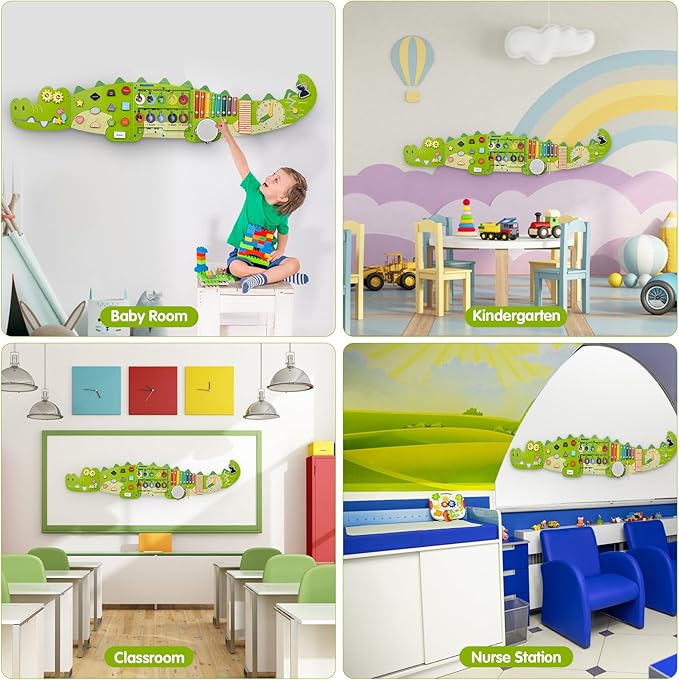 Weihnacht Crocodile Activity Wall Busy Board Panels,11-in-1 Montessori Sensory Toys, Toddler Learning Activity Center,Wooden Learning Toy Ideal Furniture for Playroom & Children's Daycare