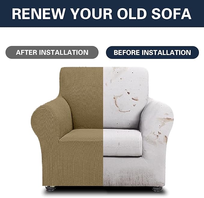 2025 New Stretch Chair Sofa Slipcovers Couch Cover for 1 Seater Furniture Protector Sofa Covers with Elastic Bottom Jacquard Fabric Small Checks for Pets, Kids - Tan