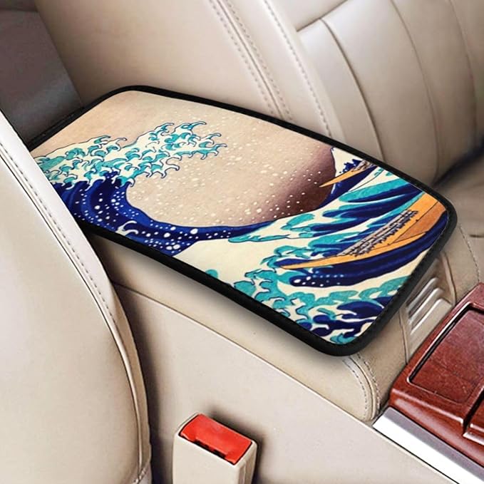DORKEIXIA Japan Kanagawa Great Wave Auto Center Console Armrest Pad Universal Car Center Console Cover Seat Box Cover for Sedan, Van, SUV, Truck Car Accessorie