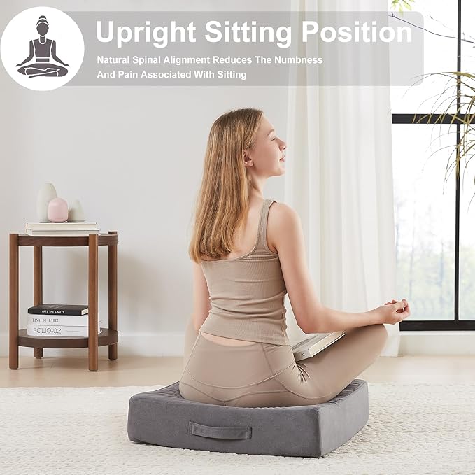 22 inches Floor Pillow for Adults - Large Meditation Cushion with Thick Foam & Soft Tufted Cover - Premium Outdoor Square Floor Cushion Seat - Yoga Pillows for Sitting On Floor - Dark Gray