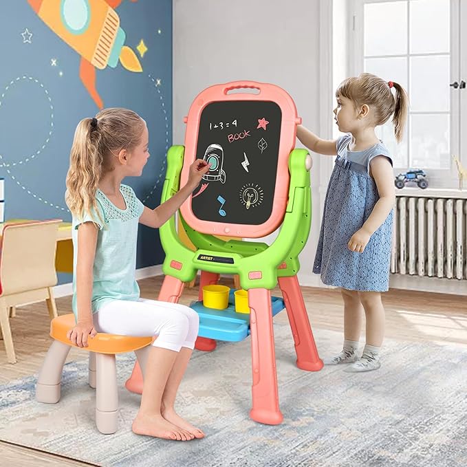 Kids Art Easel and Toddler Ease,Equipped with A Little Bench, Blackboard and Whiteboard, Toddler Art Supplies, Drawing Easel for Toddlers 3-5,Gifts for Children (Pink+Green)