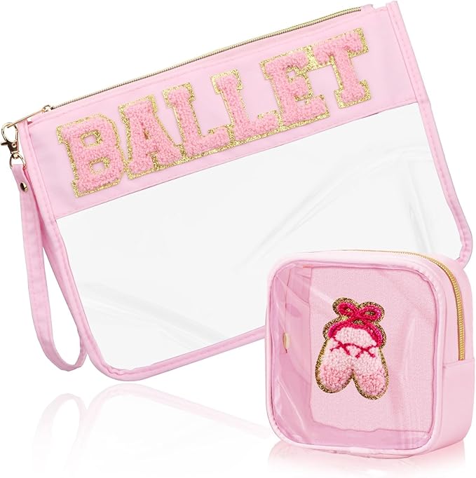 BuyCard 2 Pcs Ballet Gifts Cosmetic Makeup Bag with Chenille Letter Patch, Clear Pouch PVC Organizer Purse, Waterproof Travel Bag, Portable Toiletry Storage Bag for Her Girls Friends Women