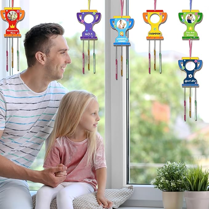 Fennoral 9 Pack Trophy Wind Chime Kit for Kids Make You Own Photo Frame Wind Chime DIY Coloring Wooden Art and Craft for Art Project Rewards Winning Prizes Birthday Christmas Party Favors