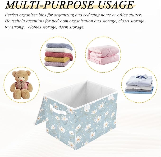 senya Large Storage Bins with Linen Collapsible Foldable Storage Cubes Fabric Closet Organizer Containers box with Flip-Top Lid for Home Bedroom Office 16.7 x 12.6 x 11.8in (White Flowers)