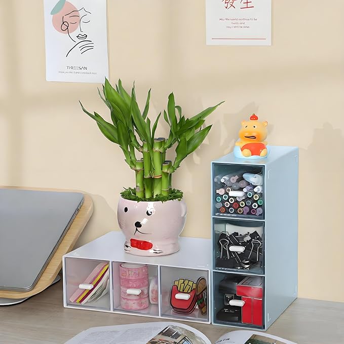 Desktop Drawers, Desk Organizer with 6 Drawers, Stackable Plastic Storage Box for Home Collection, Cosmetics, Jewelry, Office Supplies (2 Tall Layers, Blue)