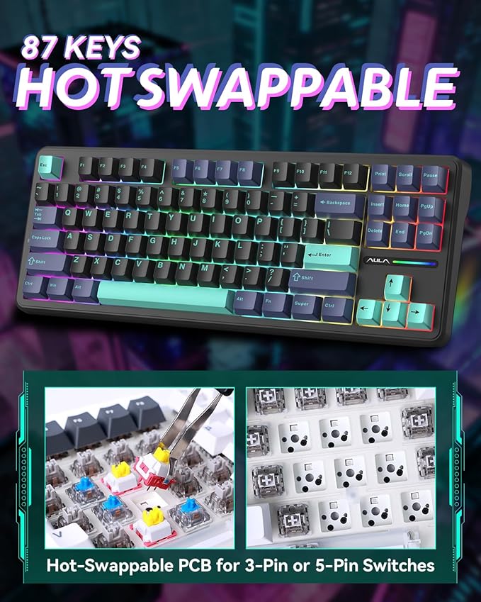 Aula F87 Pro Gaming Keyboard, Tri-Mode BT5.0/2.4GHz/USB-C Hot-Swappable RGB Wireless Mechanical Keyboard, Gasket Mount, 4000mAh, for Windows/Mac Gamer & Typists（LEOBOG Gray Wood Switch V4）