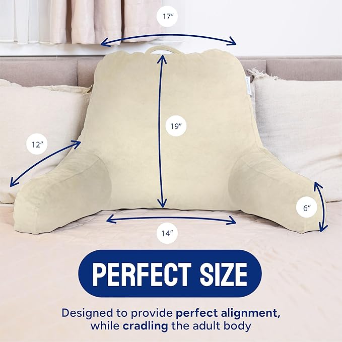 ComfortSpa Reading Pillow for Bed Adult Size, Back Rest Pillow with Arms, Pockets and Washable Cover; Use as a Back Pillow for Sitting in Bed for Bedrest or Relief from GERD Heartburn (Large Cream)