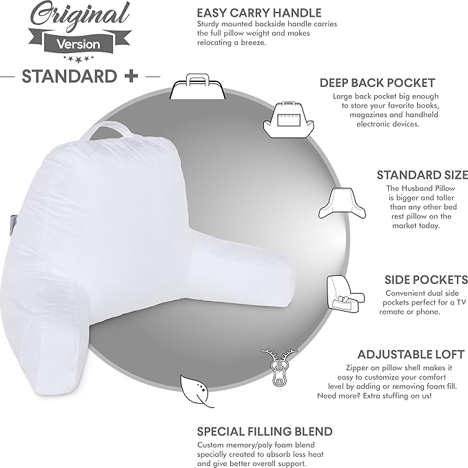 Husband Pillow White, Original Reading Pillow in Bed Rest Chair, Shredded Memory Foam Large Lounge Cushion Adult Backrest with Arms, Comfy Back Support for Sit Sitting Up, Washable/Removable Cover