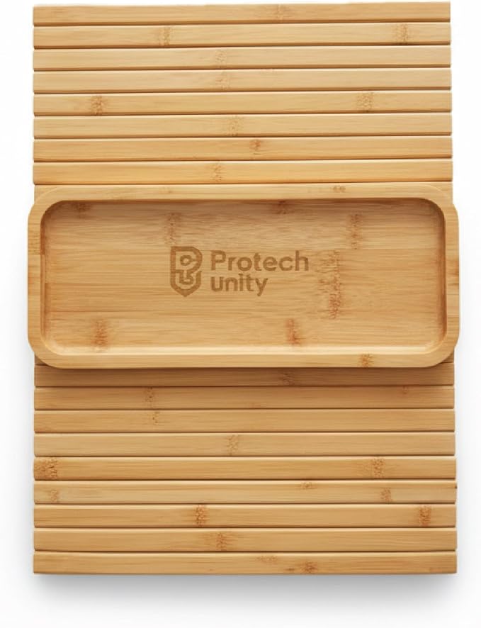 Bamboo Sofa Arm Tray – Flexible Couch Armrest Table with Non-Slip Drink Holder, Fits Straight Arm Sofas, No Assembly Required