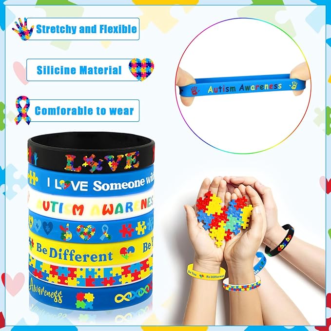 JUNEBRUSHS 42pcs Autism Awareness Silicone Bracelets Colorful Puzzle Pieces Inspirational Rubber Wristbands Accessories for Kids Adults Autism Awareness Party Decorations Gift Supplies (7 Designs)
