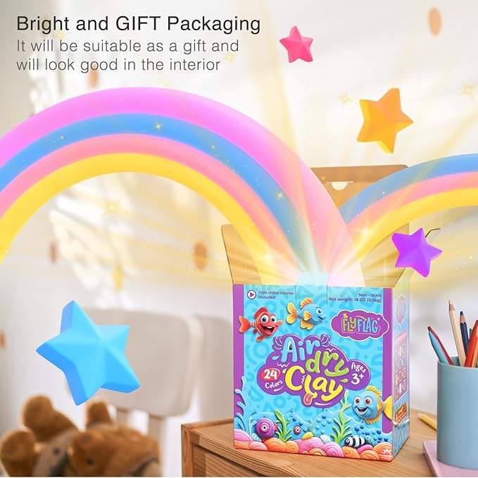 FlyFlag Air Dry Clay Kit - 24 Colors, Soft & Ultra Light, Modeling Clay for Kids with Accessories, Tools and Tutorials