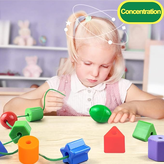 Toddler Toys - Big Lacing Beads Set for Fine Motor Skills & Hand-Eye Coordination Baby Toys - 36 Beads & 6 Strings - Color Sorting & Counting Educational Learning Toy Montessori Toys