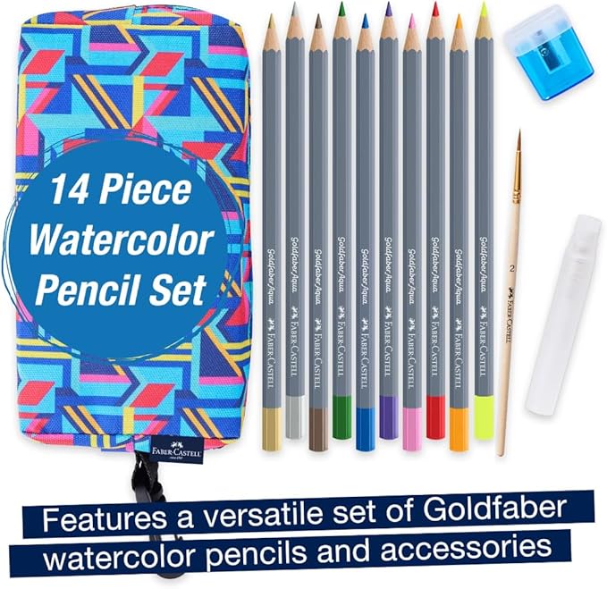 Faber-Castell Art on The Go Watercolor Pencils Set - Travel Watercolor Kit with 10 Goldfaber Watercolor Pencils, Pencil Pouch, No Mess Sharpener and Art Accessories