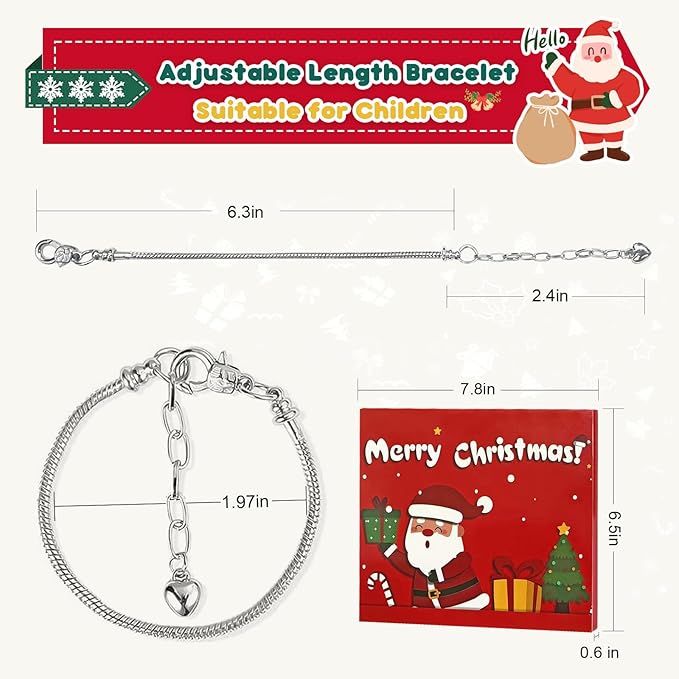 Christmas Advent Calendar 2024 Girls, 24 Days Xmas Countdown Calendar Jewelry Bracelet Set, DIY Charm Bracelet Making Kit Gift for Girls Kids Teens