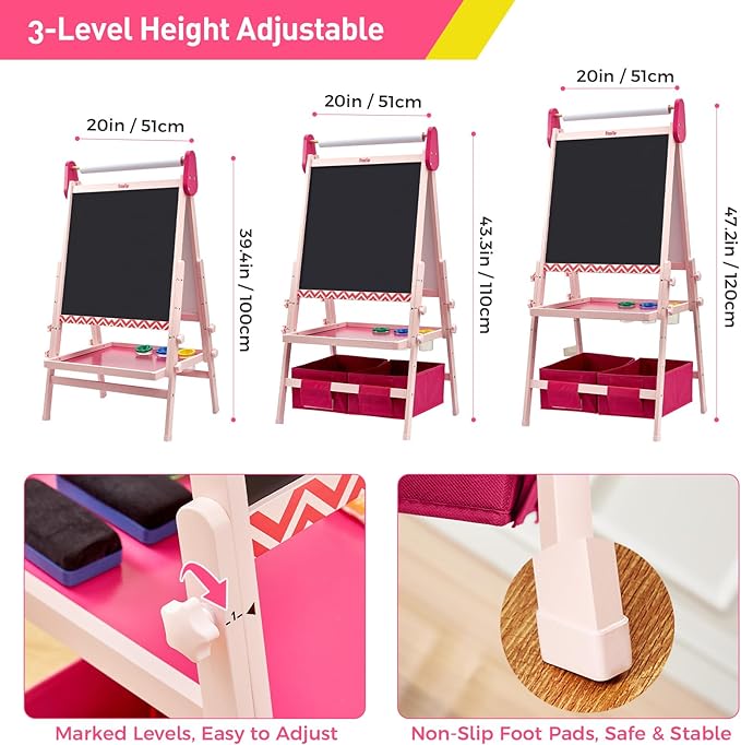 FUNLIO Anti-Warping Kids Art Easel, 3 Height Adjustable for Kids Aged 2-8, All-in-One Toddler Easel with Paper Roll & Erasable Frame, Standing Easel with Magnetic Chalkboard/Whiteboard (Pink)