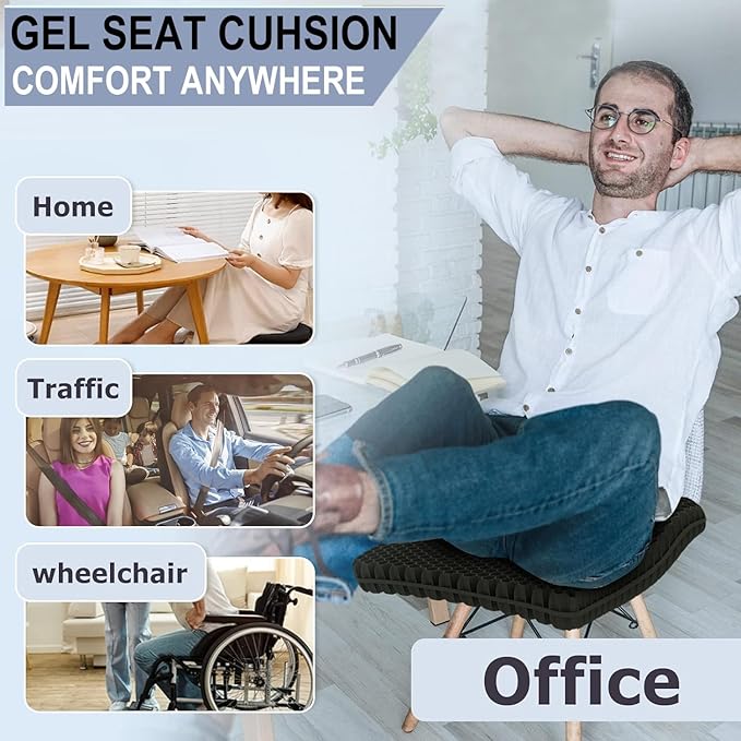 Gel Seat Cushion for Long Sitting Pressure Relief (Extra Large & Thick) - Non-Slip Gel Chair Cushion for Back,Sciatica,Tailbone Pain Relief - Seat Cushion for Office Desk Chair,Car Seat,Wheelchair
