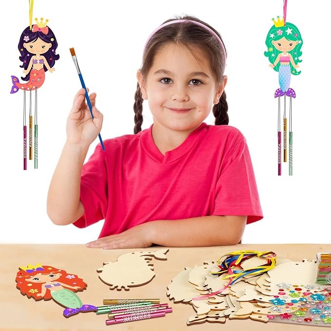 Fennoral 9 Pack Mermaid Wind Chime Kit for Kids Make Your Own Wind Chime Wooden Arts and Crafts for Girls Boys Ornaments DIY Coloring Mermaid for Summer Art Activity Birthday Party Decoration