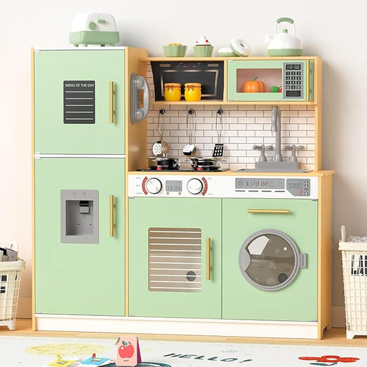Babytronic Wooden Kitchen Playset for Kids, Interactive Play Kitchen with Lights & Sounds, Children Pretend Toy Kitchen Set with Faucet, Oven, Microwave, Kitchenware for Toddlers Ages 3+ (Green&Wood)