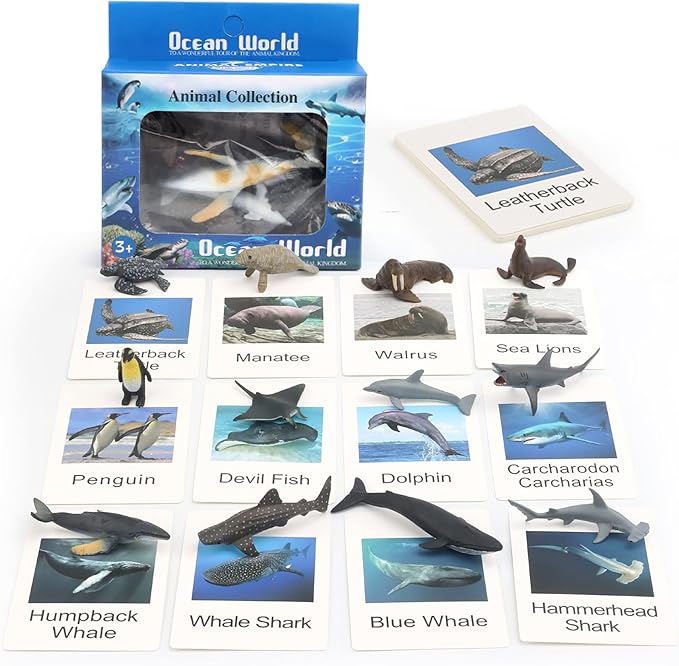 Small Montessori Animal Figures with Flash Cards, Realistic Animal Figurines Toys, Montessori Materials Homeschool Preschool Science Educational Matching Game for Toddler Kids (Sea)