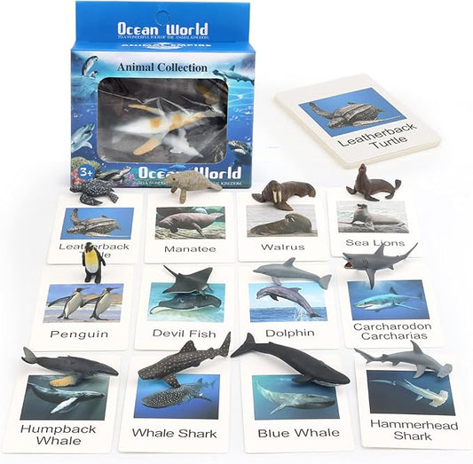 Small Montessori Animal Figures with Flash Cards, Realistic Animal Figurines Toys, Montessori Materials Homeschool Preschool Science Educational Matching Game for Toddler Kids (Sea)