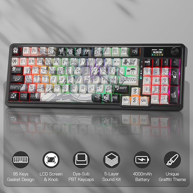 Redragon K719 PRO Wireless Gasket Gaming Keyboard w/Hype Screen & Knob, 95 Keys Mechanical Keyboard, Easy-Control 1.14’’ TFT Info Display, 5-Layer Noise Dampening, Street Graffiti Dye-Sub PBT Keycaps