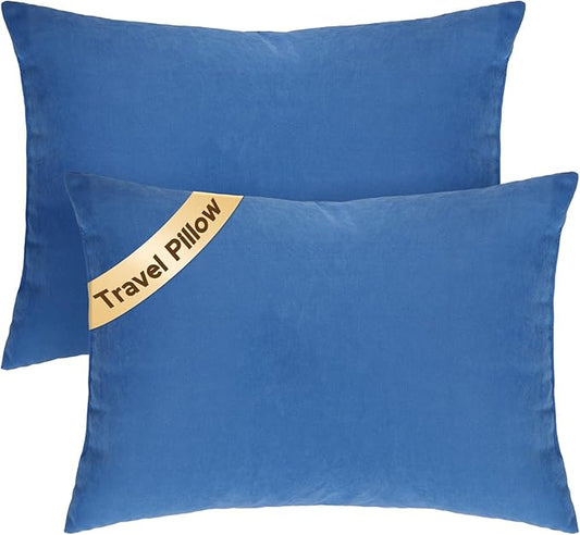SweetSlubr Small Travel Pillows - 2 Pack, 13"x18" Machine Washable Neck Pillow for Airplane & Long Flight, Breathable Headrest for Nap, Sleeping & Camping, Cushion for Lumbar, Knee, Ankle (Blue)