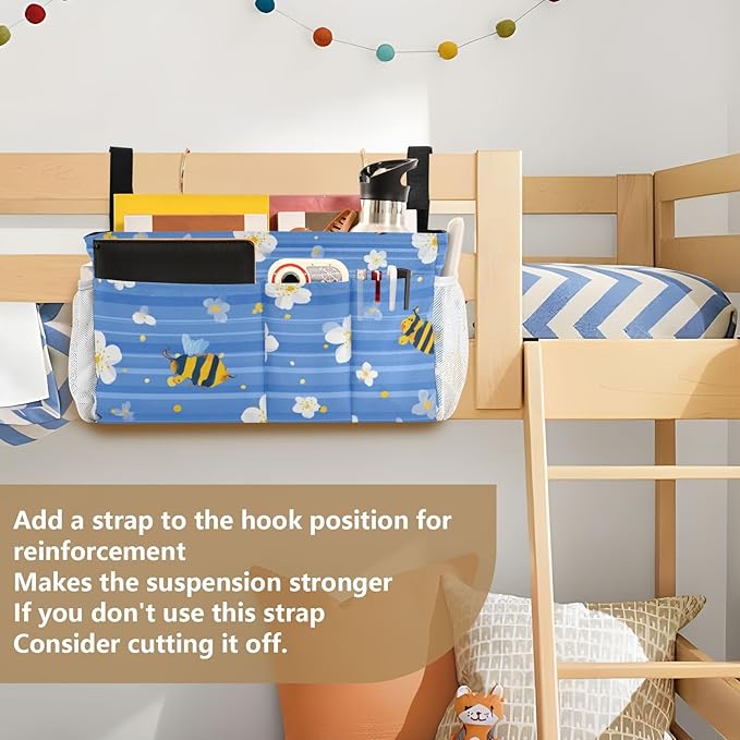 Blue Striped Sakura Bees Bedside Caddy for Dorm Bed Bedside Hanging Caddy Bag Iron Frame Storage Organizer Pocket for Bunk Home College Hospital Beds 2 Hooks