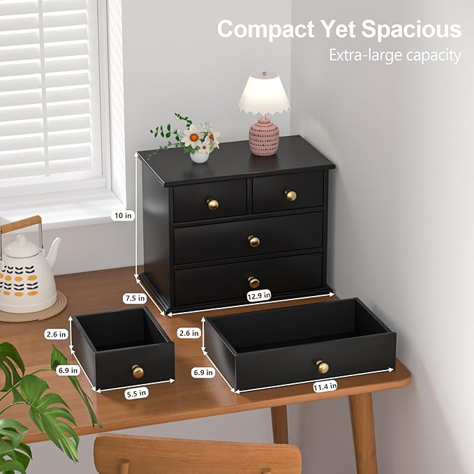 Oak Desk Organizer with Drawers, Durable Wooden Desktop Storage Box with Metal Handles & Non-Slip Silicone Pads, 4 Drawer Tabletop Organizer for Office, Bedroom, Bathroom, Vanity, and Makeup – Black