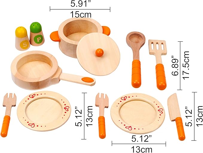 Hape Gourmet Play Kitchen Starter Accessories Wooden Play Set| 13 PCs Pretend Cookware Plates Dishes Play Kitchen Sets for Kids