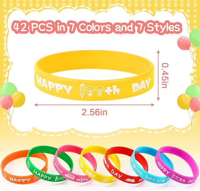 JUNEBRUSHS 100th Day of School Party Favors, 42pcs 100 Days of School Silicone Bracelets Rubber Wristbands for Kids School Party Students Kindergarten Teacher Preschool Gift Decorations Supplies