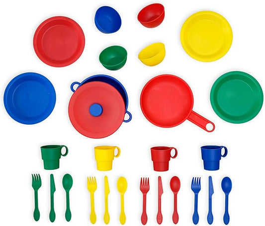 KidKraft 27-Piece Primary Colored Cookware Set, Plastic Dishes and Utensils for Play Kitchens, Gift for Ages 18 mo+