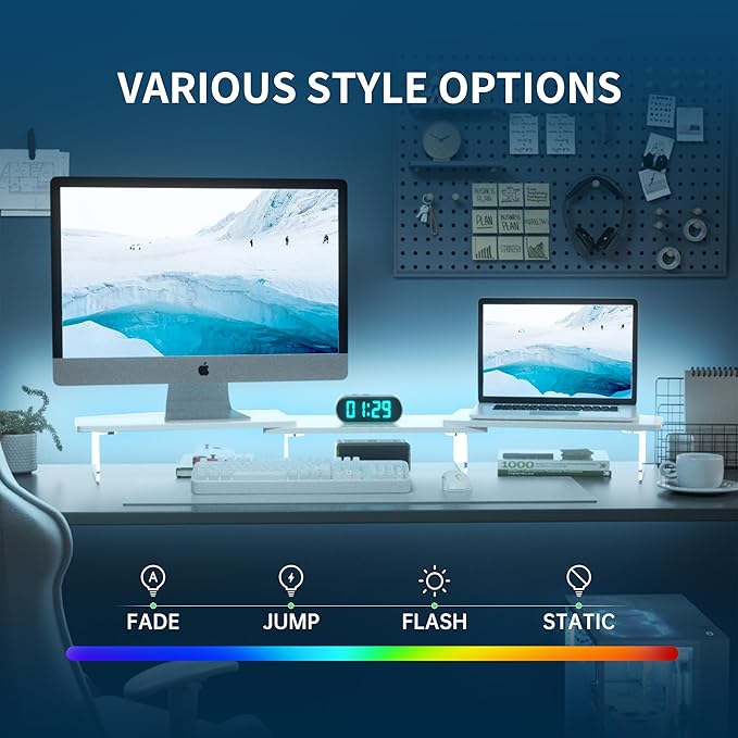 AFOOYO LED Dual Monitor Stand Riser for 2 Monitors, Office Desktop Wooden Stand Adjustable Length and Angle 3 Shelf, Extra Long Multifunctional Stand up to 44.4" for Computer, Laptop, TV, White