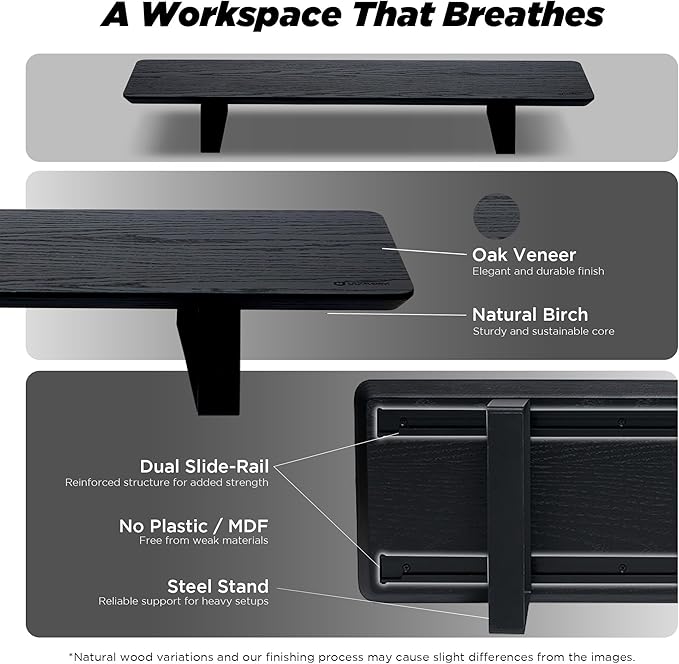 ULTRARM Moodular Wooden Monitor Stand 33.4” (85cm) Desk Organizer with Metal Slide Rails for Drawer, Tray, Laptop, Tablet, Phone & Headphones Customizable Riser for Organized Workspace Black MS85-B