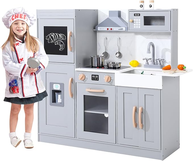 Grey Wooden Play Kitchen Set, Kitchen Playset with Cookware Accessories, Microwave, Oven, Sink, Real Lights & Sounds - Perfect for Chef Pretend Play