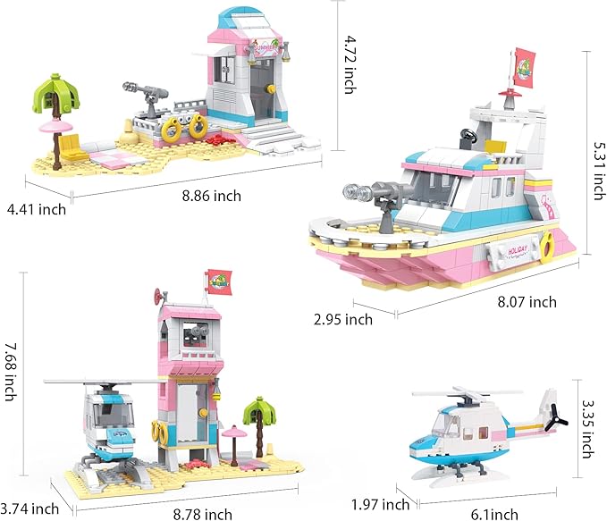 3in1 Girls Boat Cruise Ship Building Sets Friends Beach House Rescue Helicopter Building Kits Summer Holiday Adventures STEM Building Toys Creative Play Set Gift for Kids Aged 6-12, 351 Pieces
