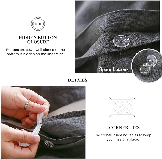 Simple&Opulence 100% Linen Duvet Cover Set, 3 PCS Natural French Flax Dark Grey Ruffle Duvet Cover Queen Size, Breathable Comfy Linen Bedding Comforter Cover with 2 Pillowcases (Dark Grey, 88" X 92")