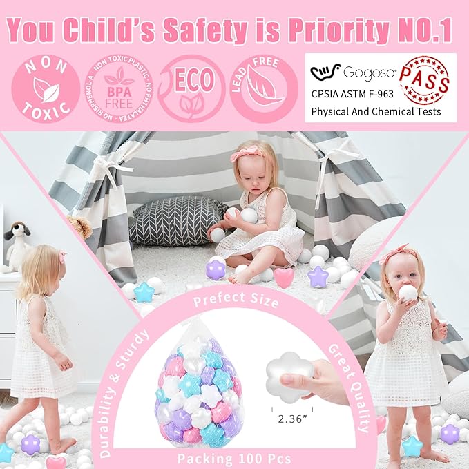 GOGOSO Ball Pits Balls for Toddlers, 100 Stars Hearts Florid Shapes Ball, Flowers Plastics Balls for Bounce House, Pastel Ball for Kids Birthday Party Xmas Friendship Bracelet Banner Decor