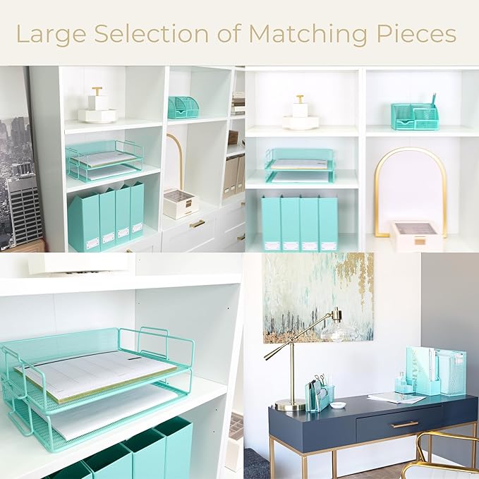 BLU MONACO Aqua Mesh Paper Tray Set of 2 | Stackable Letter Trays for Desk Storage | Metal Document Holder and File Organizer for Home, Office and School | 13” x 9.8” x 5.6” Workspace Organizer